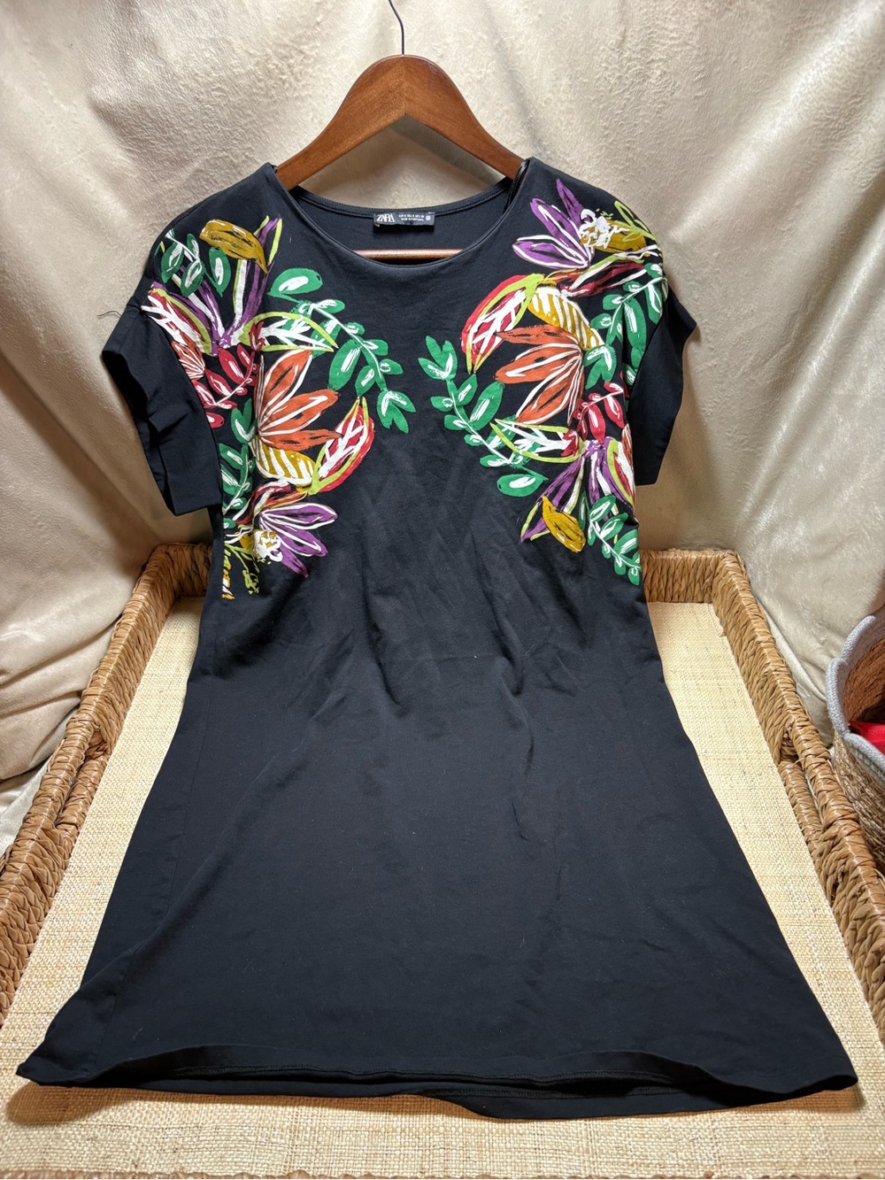 Zara Black Multicolor Floral T Shirt Dress Size S Made in Portugal